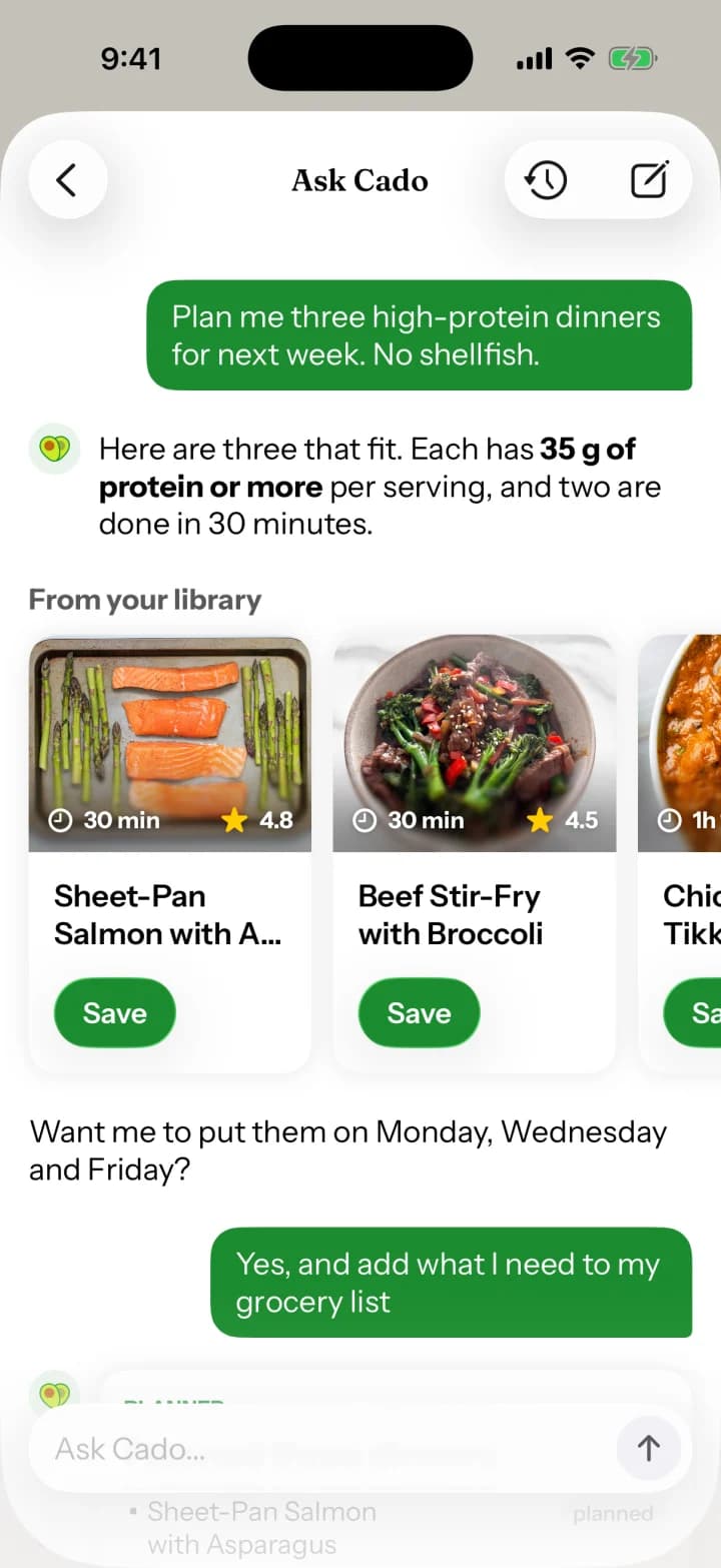 Asking Cado for three high-protein dinners and getting three recipes back