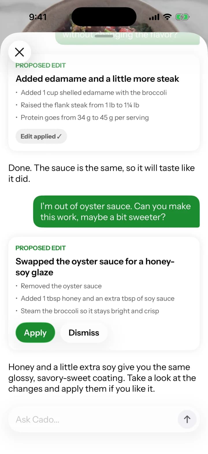 A chat where Cado adds protein to a stir-fry, then swaps out the oyster sauce, listing each change