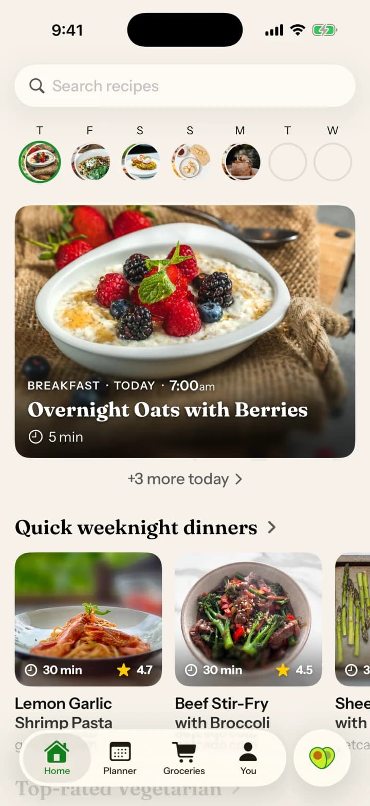 Cado’s home screen with today’s meals and recipe ideas