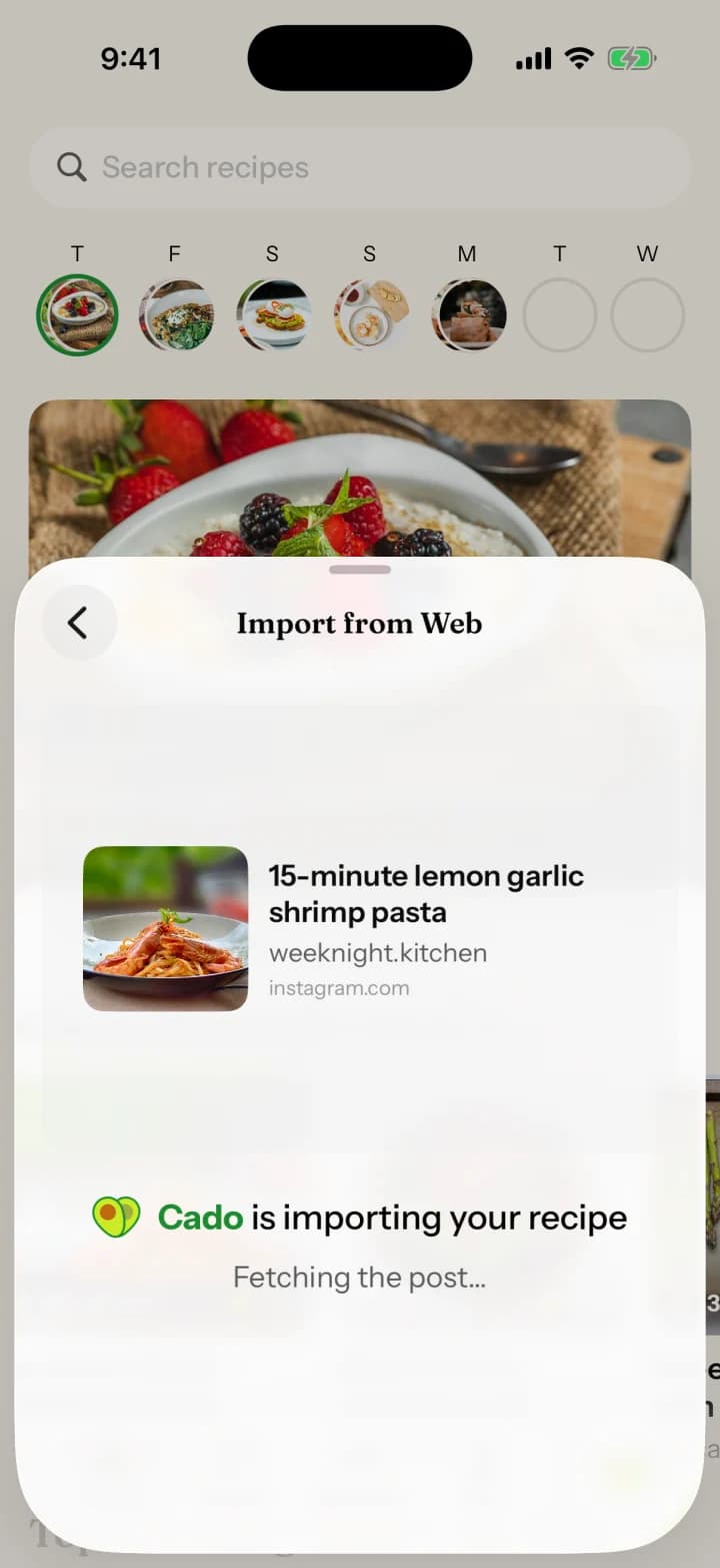 Cado importing a lemon garlic shrimp pasta recipe from an Instagram post